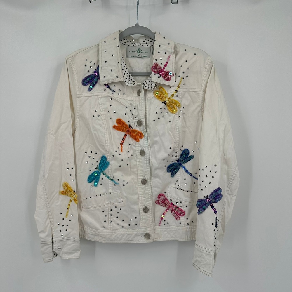 Design Options Philip Jane Gordon Women Whimsical Jacket Size L Dragonfly Ribbon